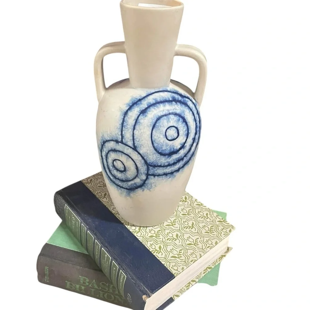 Thailand Natural & Blue Double Handled Artesian Pottery Vase Aztec Design New